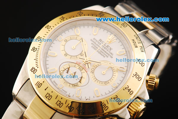 Rolex Daytona Chronograph Swiss Valjoux 7750 Automatic Movement Steel Case with White Dial and Gold Bezel-Two Tone Strap - Click Image to Close